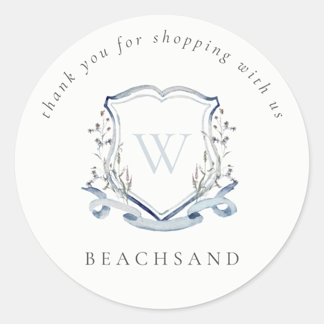Dusky Blue Wildflower Crest Thank you for Shopping Classic Round Sticker (Front)