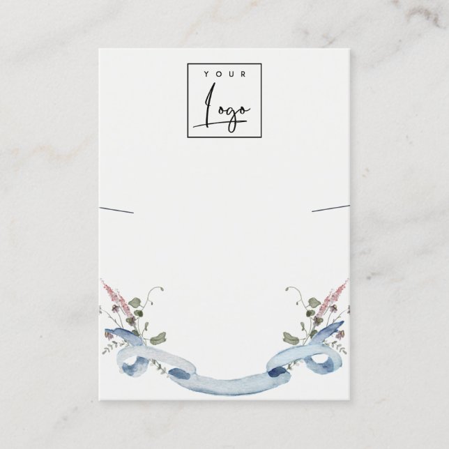 Dusky Blue Wildflower Ribbon Logo Necklace Display Business Card (Front)