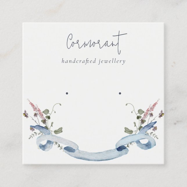 Dusky Blue Wildflower Ribbon Stud Earring Holder Square Business Card (Front)