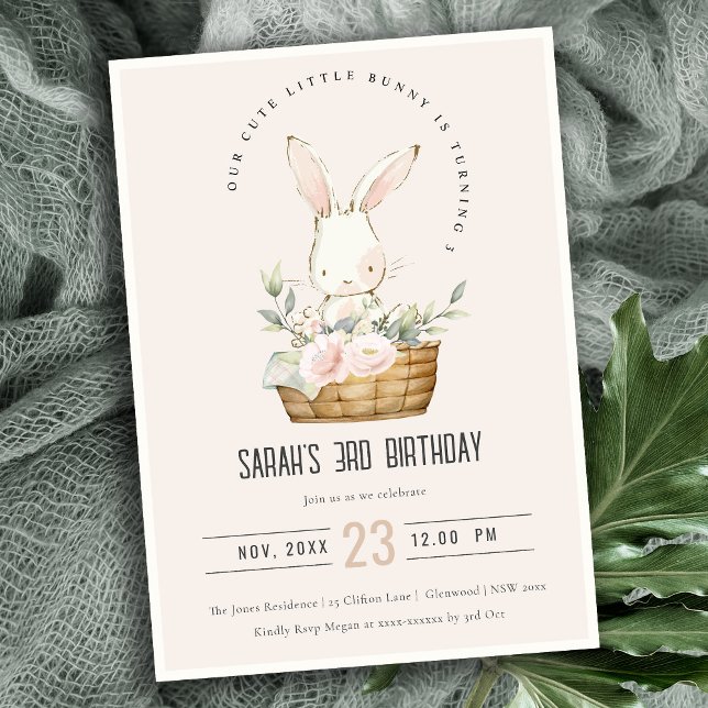 Dusky Blush Bunny In Floral Basket Kids Birthday Invitation (Creator Uploaded)
