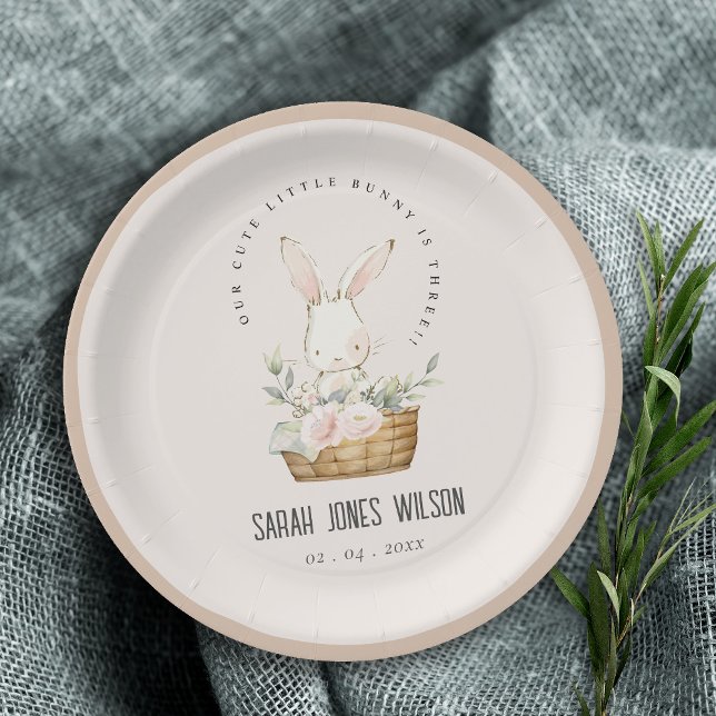 Dusky Blush Bunny In Floral Basket Kids Birthday Paper Plate (Creator Uploaded)