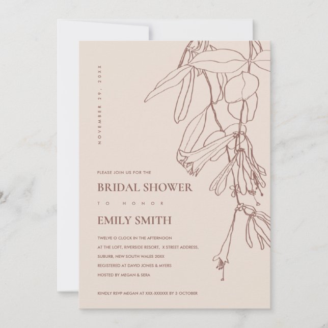 DUSKY  BLUSH LINE DRAWING FLORA BRIDAL SHOWER CARD (Front)