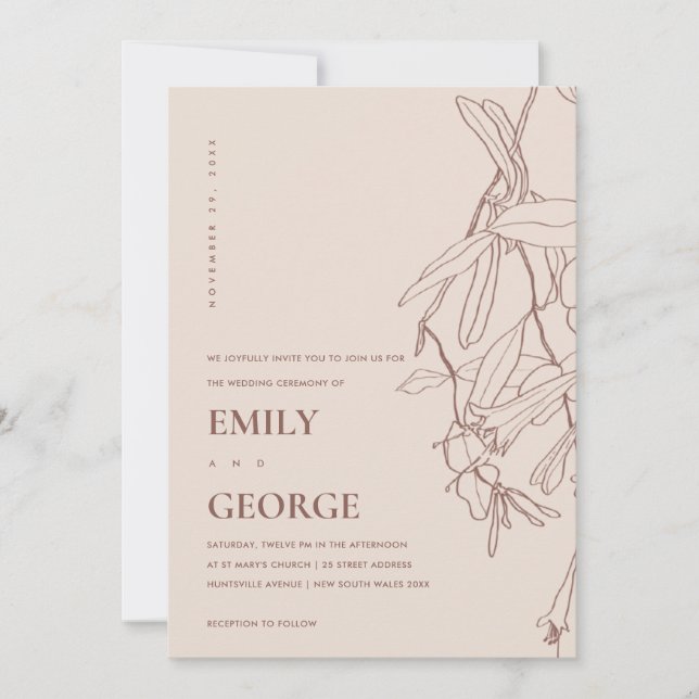 DUSKY BLUSH LINE DRAWING FLORAL WEDDING INVITE (Front)
