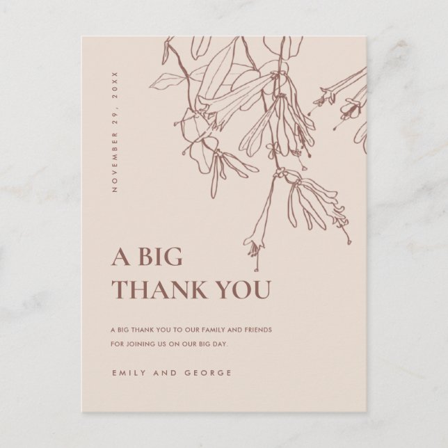 DUSKY BLUSH LINE DRAWING FLORAL WEDDING THANK YOU ANNOUNCEMENT POSTCARD (Front)