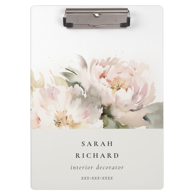 Dusky Blush Peony Watercolor Floral Bunch Business Clipboard (Front)