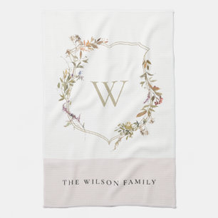 Dusky Blush Pink Wildflower Crest Monogram Tea Towel