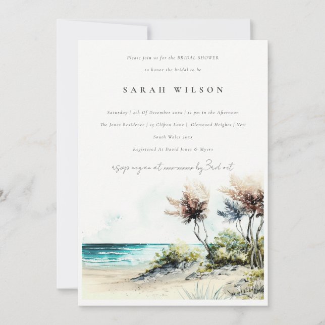 Dusky Coastal Palm Beach Seascape Bridal Shower Invitation (Front)