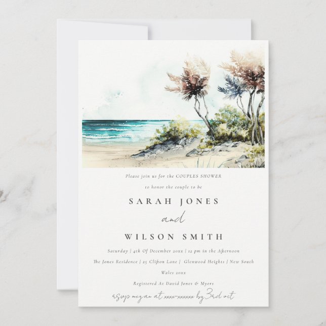 Dusky Coastal Palm Beach Seascape Couples Shower Invitation (Front)