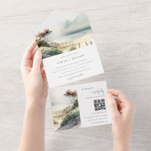 Dusky Coastal Sand Beach Seascape Wedding QR Code All In One Invitation