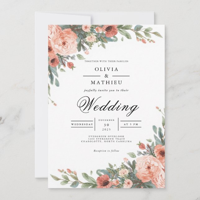 Dusky Coral Botanical Flourish Wedding Invitation (Front)