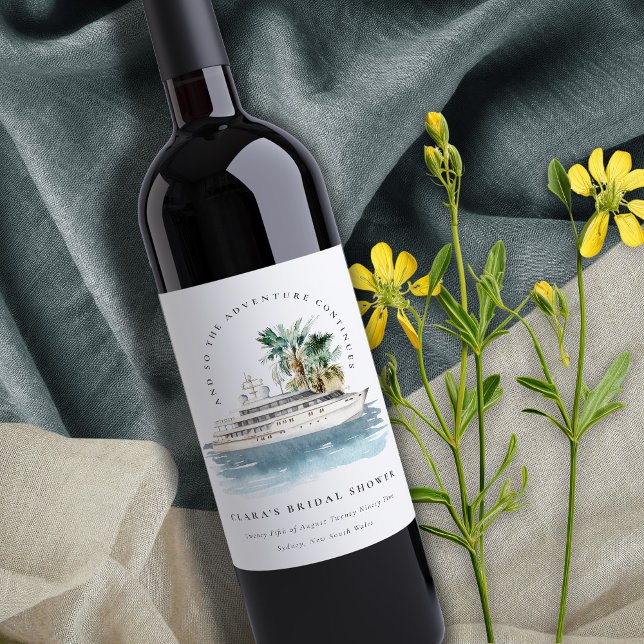 Dusky Cruise Ship Palm Seascape Bridal Shower Wine Label (Creator Uploaded)