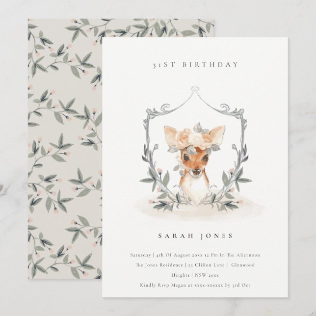 Dusky Deer Floral Crest Any Age Birthday Invite (Front/Back)