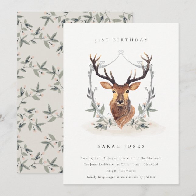 Dusky Deer Floral Crest Any Age Birthday Invite (Front/Back)