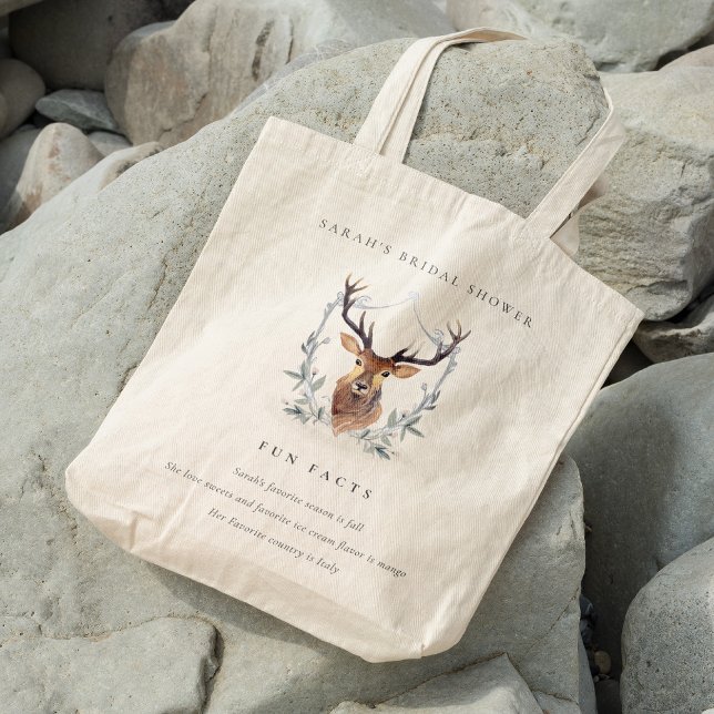 Dusky Deer Floral Crest Fun Facts Bridal Shower Tote Bag (Creator Uploaded)