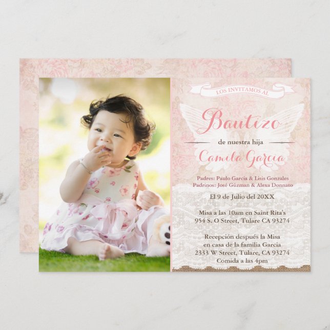 Dusky faded Pink Spanish Baptism Bautismo Invitation (Front/Back)