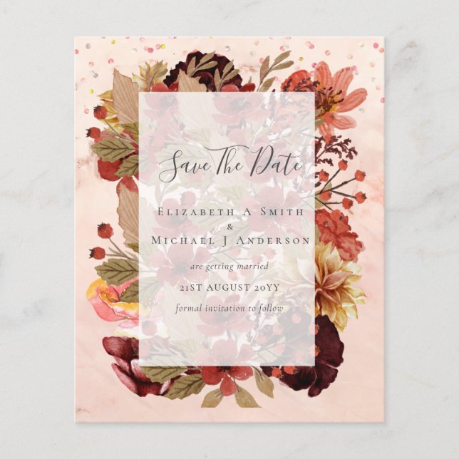 Dusky Fall BUDGET WEDDING SAVE DATES Terracotta Flyer (Front)
