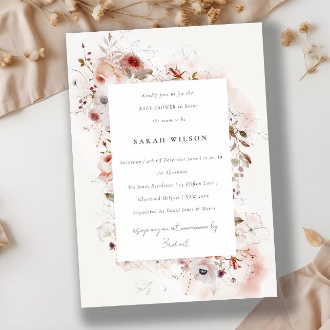 Dusky Fall Marsala Blush Floral Baby Shower Invitation (Creator Uploaded)