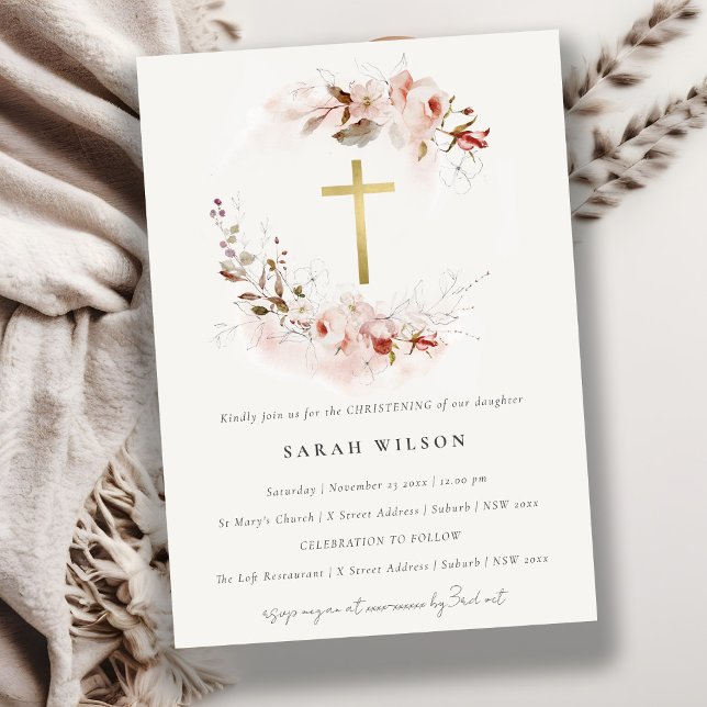 Dusky Fall Marsala Blush Floral Cross Christening  Invitation (Creator Uploaded)