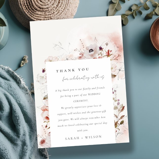 Dusky Fall Marsala Blush Floral Wreath Wedding Thank You Card (Creator Uploaded)