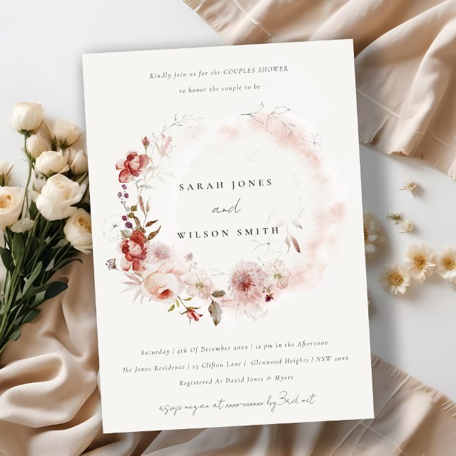 Dusky Fall Marsala Floral Wreath Couples Shower Invitation (Creator Uploaded)
