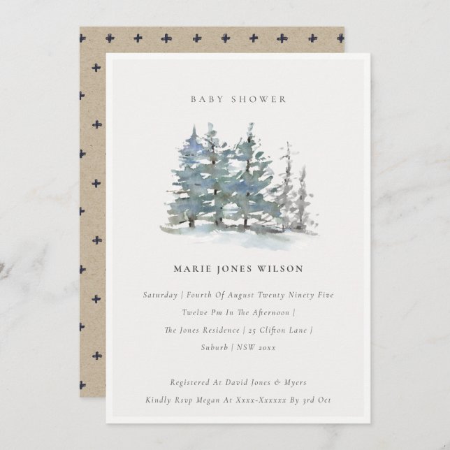Dusky Green Blue Pine Tree Wood Baby Shower Invite (Front/Back)