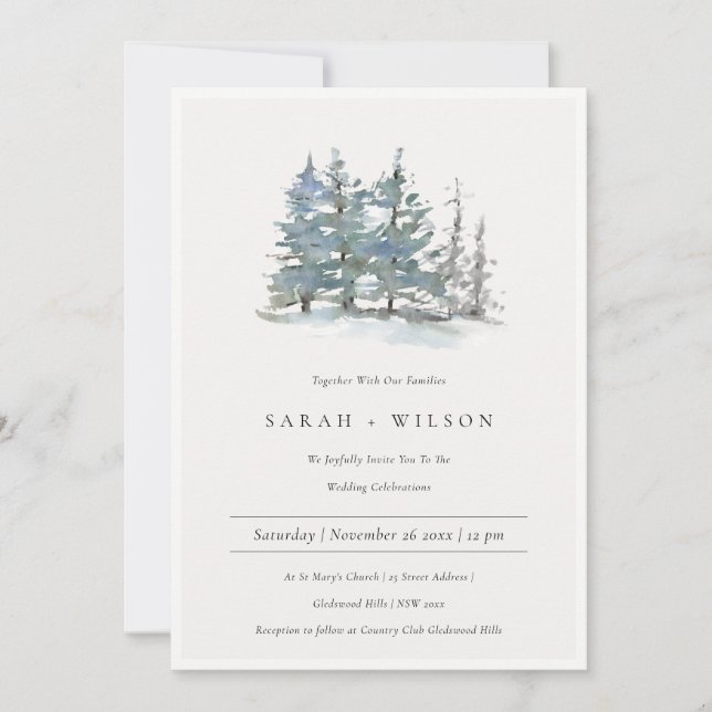 Dusky Green Blue Pine Trees Woods Wedding Invite (Front)