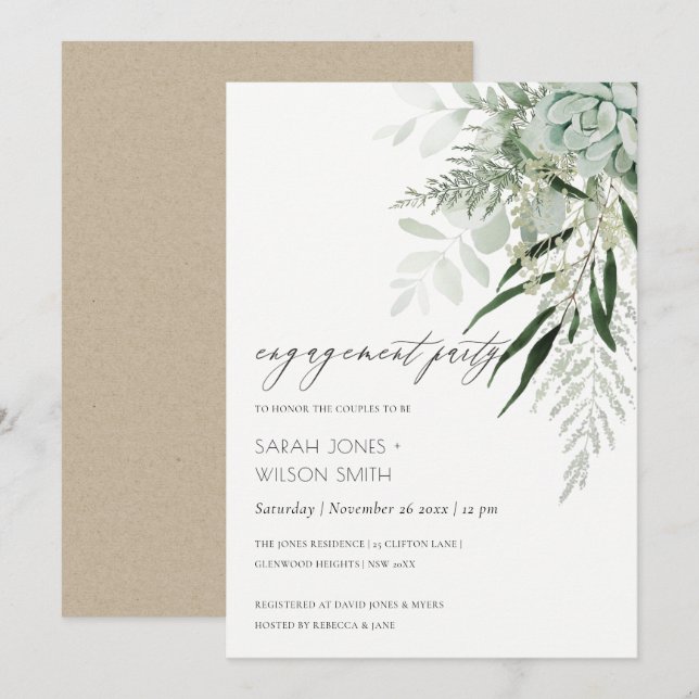 Dusky Green Leafy Fern Succulent Engagement Invite (Front/Back)
