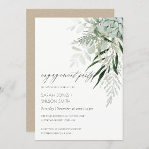 Dusky Green Leafy Fern Succulent Engagement Invite