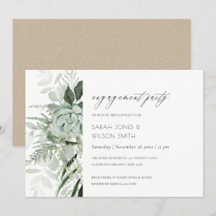 Dusky Green Leafy Fern Succulent Engagement Invite