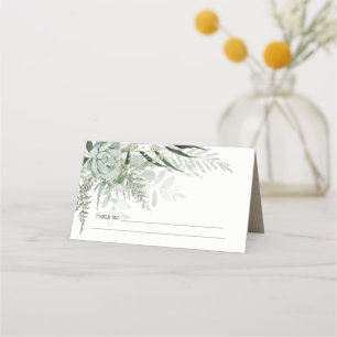 Dusky Green Leafy Fern Succulent Foliage Wedding Place Card