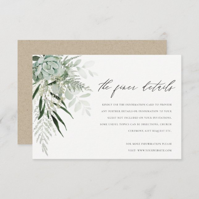 Dusky Green Leafy Fern Succulent Wedding Details Enclosure Card (Front/Back)