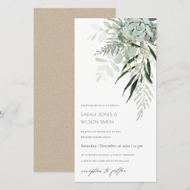 Dusky Green Leafy Fern Succulent Wedding Invite (Front/Back)