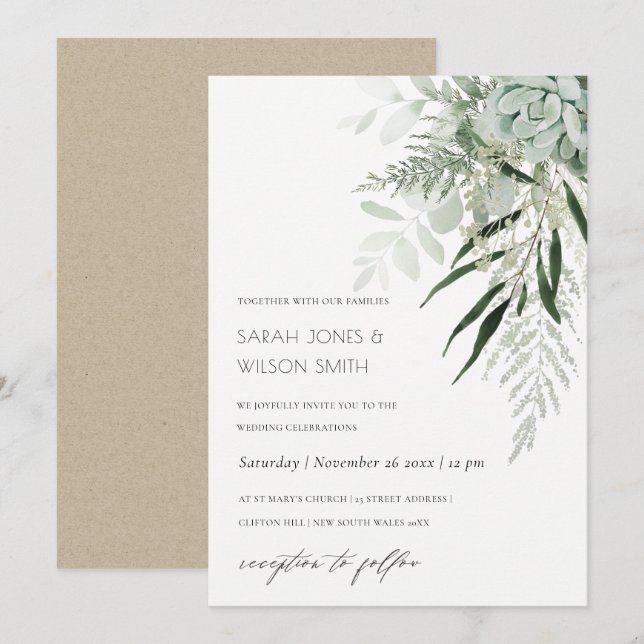 Dusky Green Leafy Fern Succulent Wedding Invite (Front/Back)