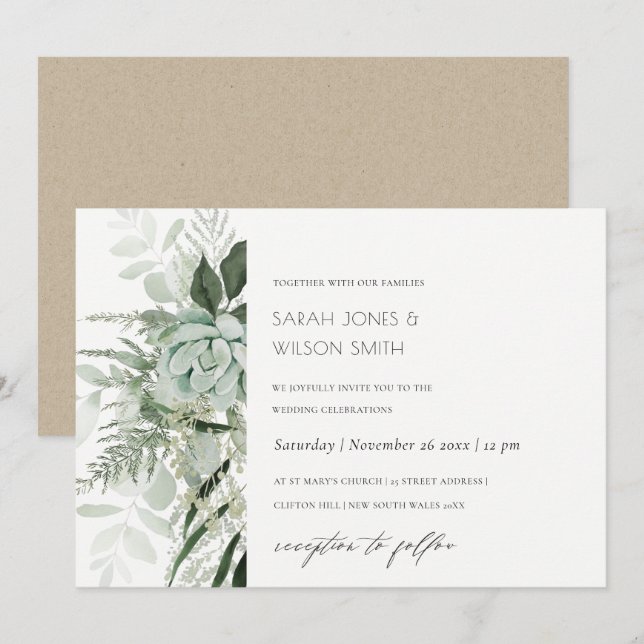 Dusky Green Leafy Fern Succulent Wedding Invite (Front/Back)