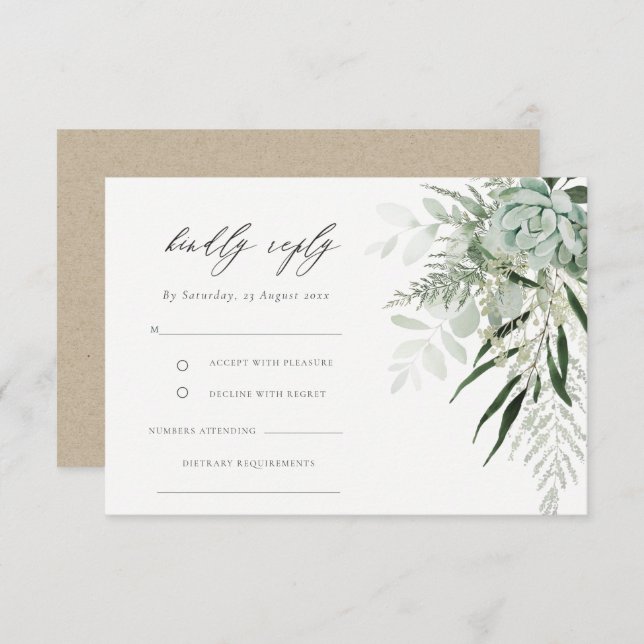 Dusky Green Leafy Fern Succulent Wedding RSVP Diet Enclosure Card (Front/Back)