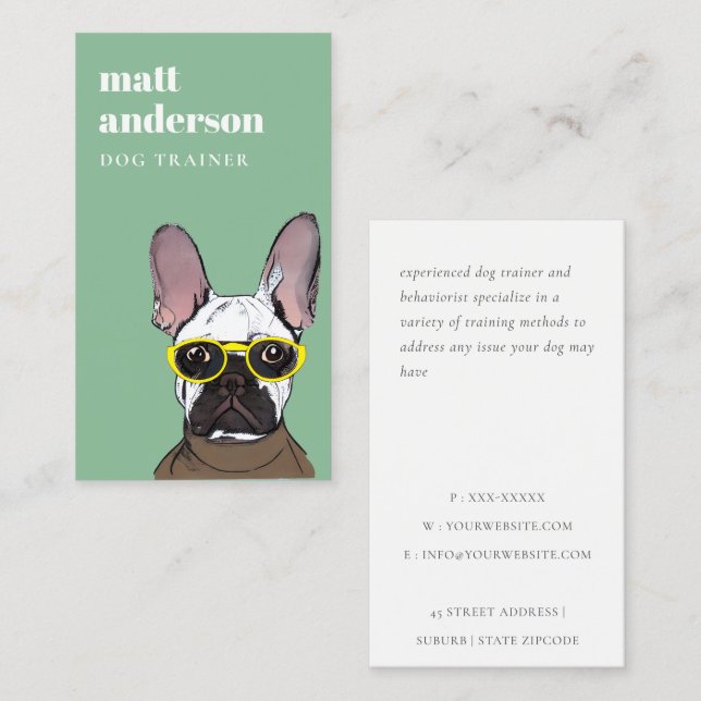 Dusky Green Retro Blue French Bulldog Dog Trainer Business Card (Front/Back)