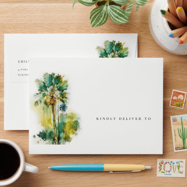 Dusky Green Tropical Watercolor Palm Trees Wedding Envelope (Desk)