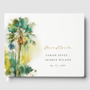 Dusky Green Tropical Watercolor Palm Trees Wedding Guest Book