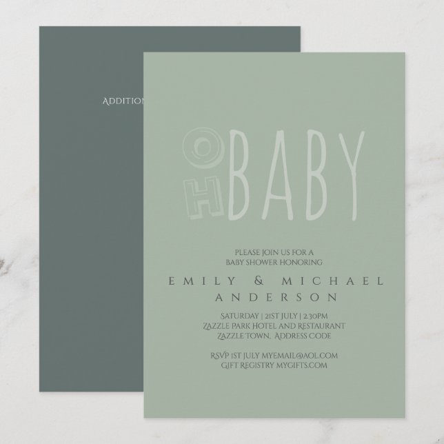 Dusky Green Typography Modern Baby Shower Invitation (Front/Back)