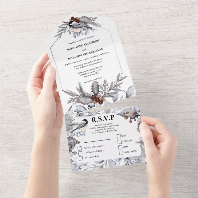 Dusky grey brown forest woodland birds wedding all in one invitation (Tearaway)