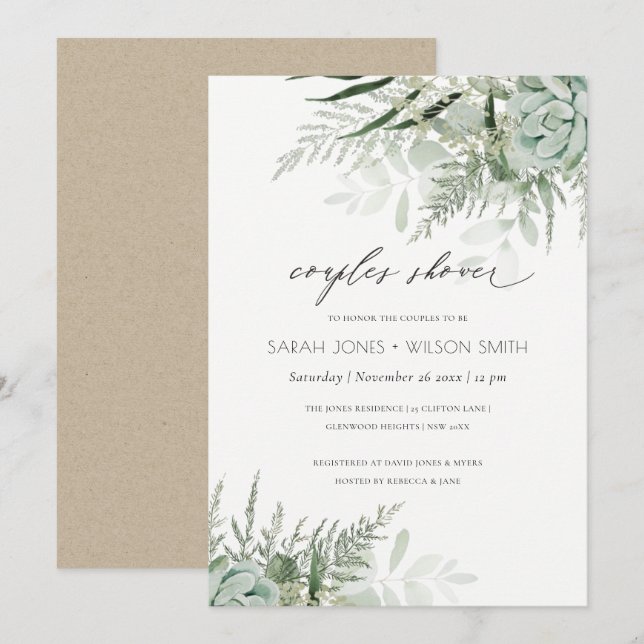 Dusky Leafy Fern Succulent Couples Shower Invite (Front/Back)