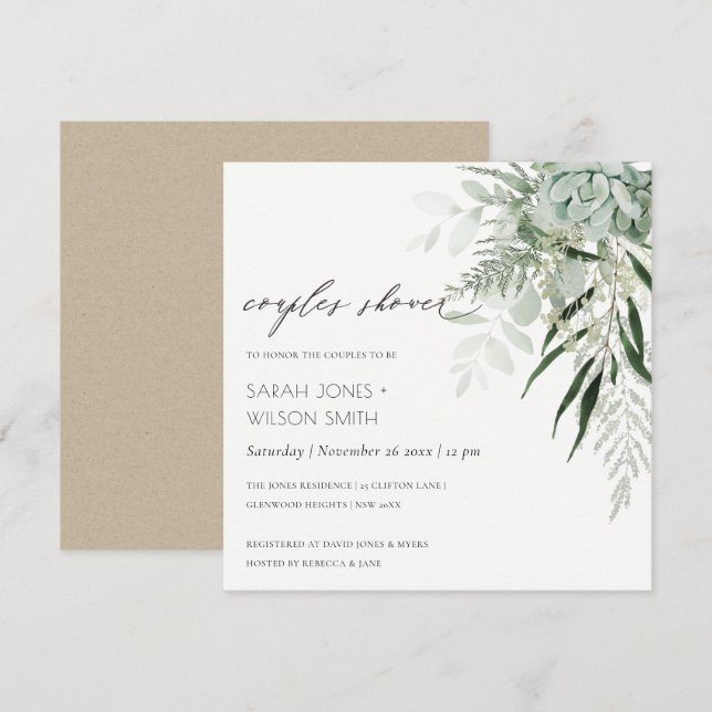 Dusky Leafy Fern Succulent Couples Shower Invite (Front/Back)