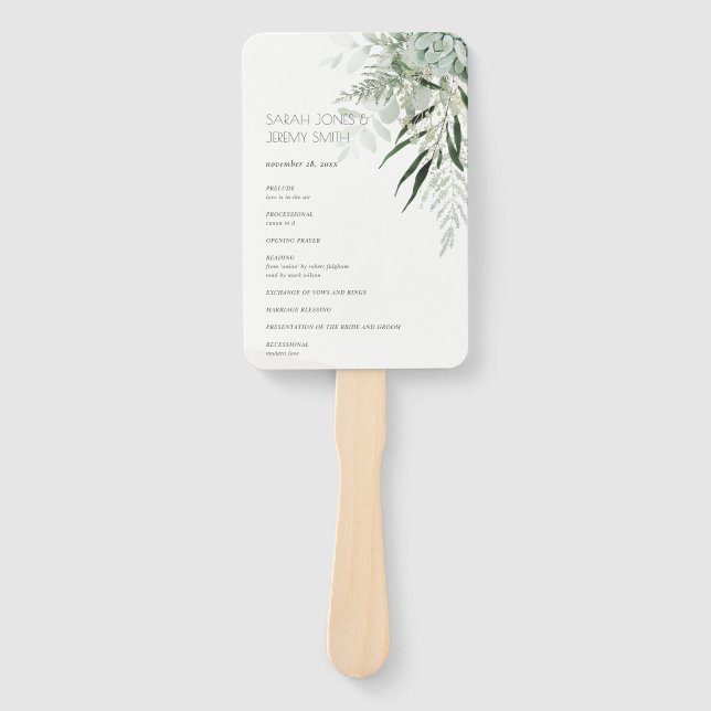 Dusky Leafy Fern Succulent Foliage Wedding Program Hand Fan (Front)