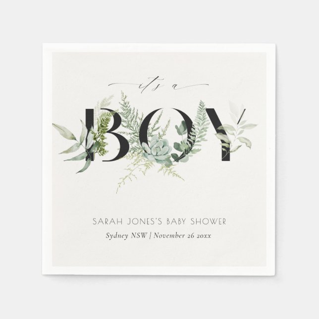 Dusky Leafy Fern Succulent It's a Boy Baby Shower Napkin (Front)