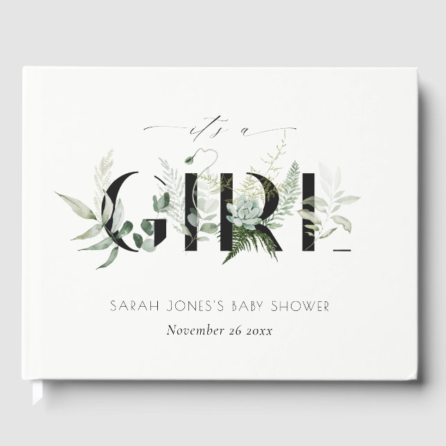 Dusky Leafy Fern Succulent It's A Girl Baby Shower Guest Book (Front)