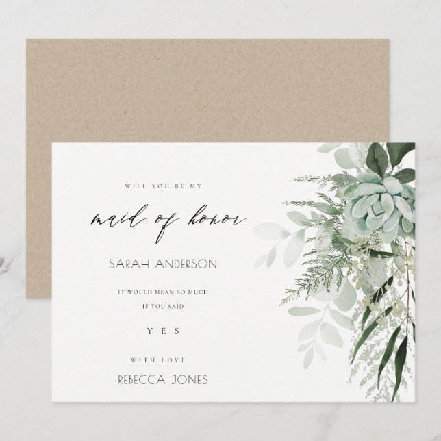 Dusky Leafy Fern Succulent Maid of Honour Invite (Front/Back)