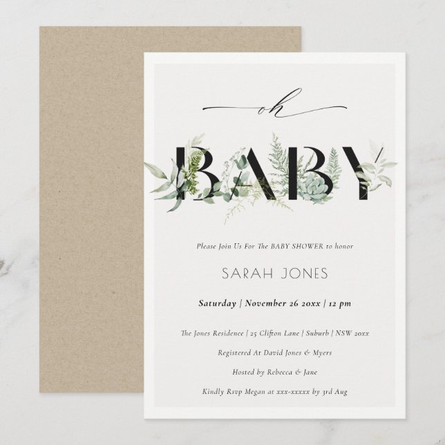 Dusky Leafy Fern Succulent Oh Baby Shower Invite (Front/Back)