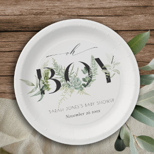 Dusky Leafy Fern Succulent Oh Boy Baby Shower  Paper Plate