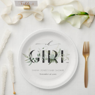 Dusky Leafy Fern Succulent Oh Girl Baby Shower Paper Plate