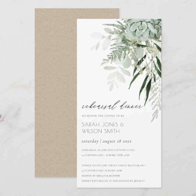Dusky Leafy Fern Succulent Rehearsal Dinner Invite (Front/Back)
